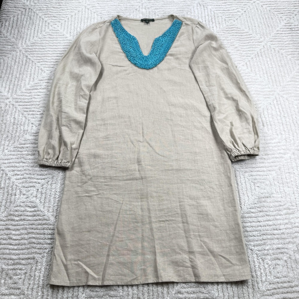 For Cynthia Dress Womens XS Linen Beaded Shift Boho Resort Coastal Summer Luxury